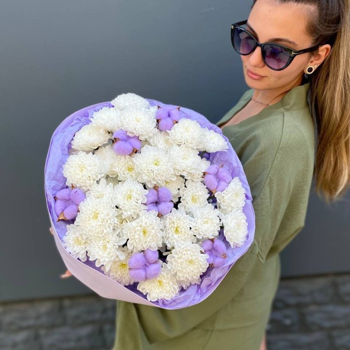  Букет  хризантем и хлопка в Твери