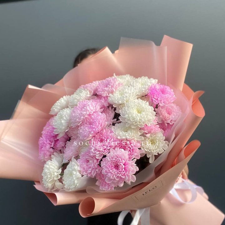  Букет бело-розовых хризантем  в Твери
