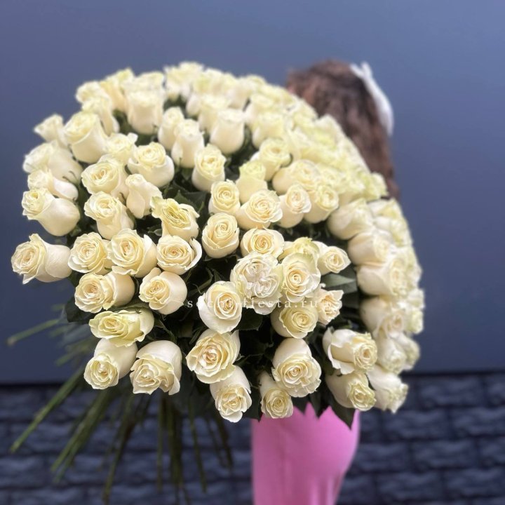 101 белая высокая импортная роза под ленту в Твери